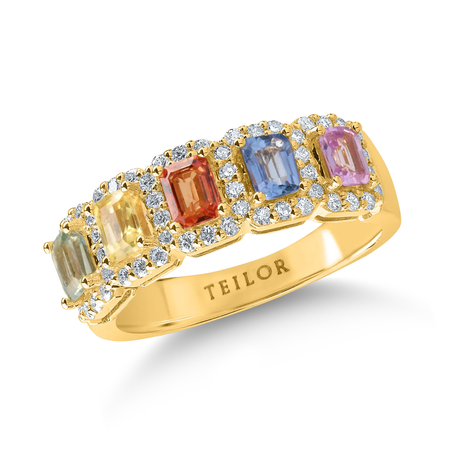 Yellow gold ring with 1.2ct multicolored sapphires and 0.3ct diamonds