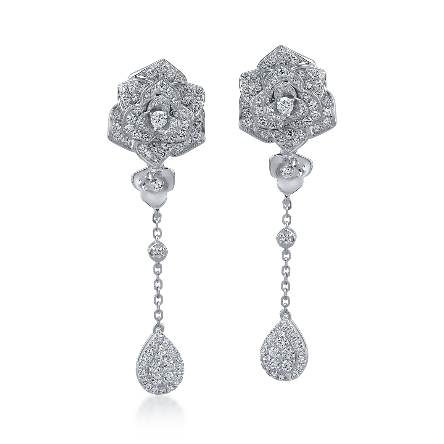 White gold long flower earrings with 1.3ct diamonds