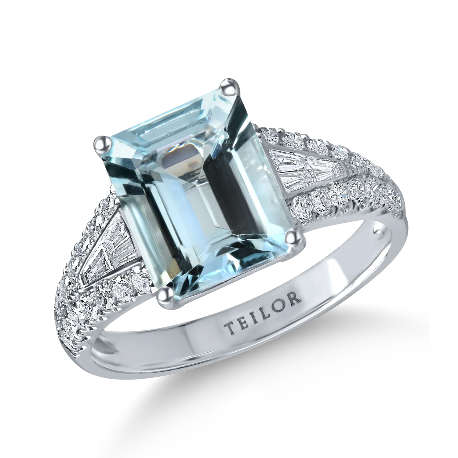 Inel din aur alb cu acvamarin rectangular de 2.4ct si diamante de 0.5ct
