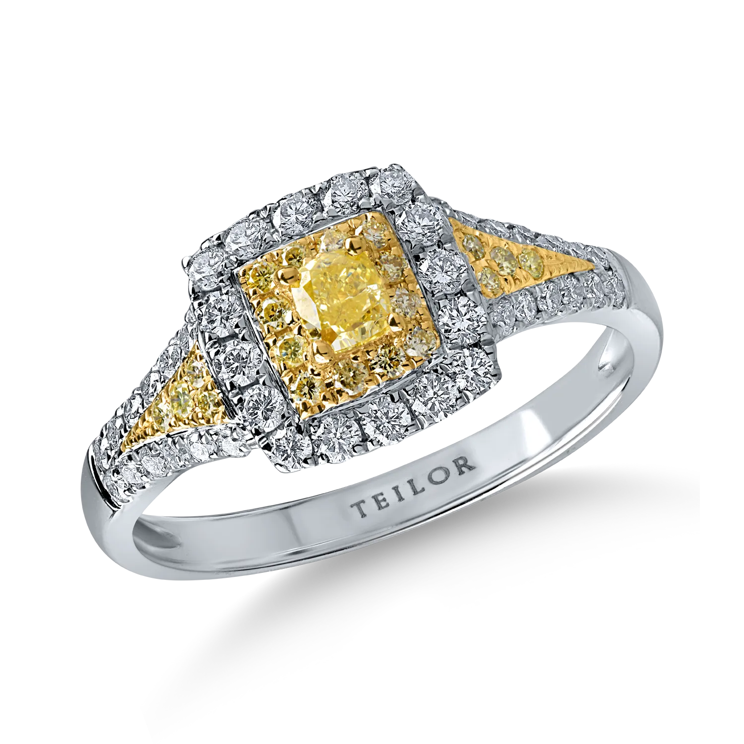 Teilor Inel din aur alb-galben cu diamante galbene cushion si rotunde si incolore de 0.74ct