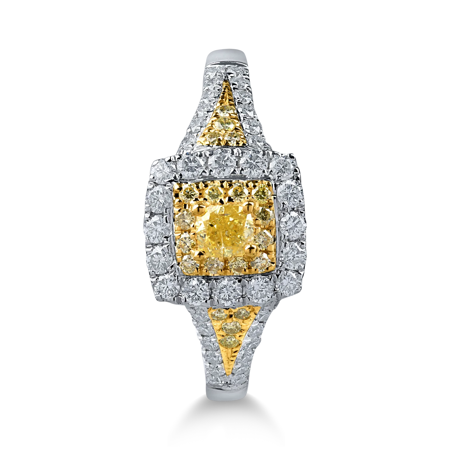 Inel din aur alb-galben cu diamante galbene cushion si rotunde si incolore de 0.74ct