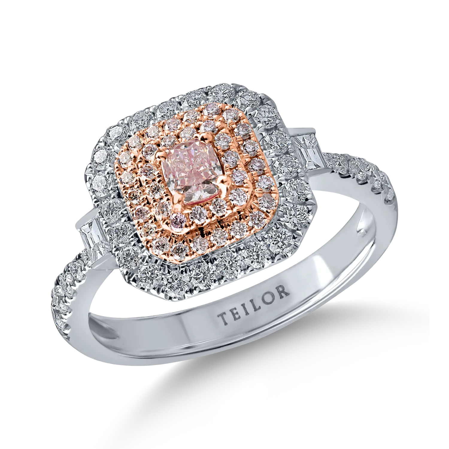 Teilor Inel din aur alb-roz cu diamante roz cushion si rotunde si diamante incolore baguette si rotunde de 1ct
