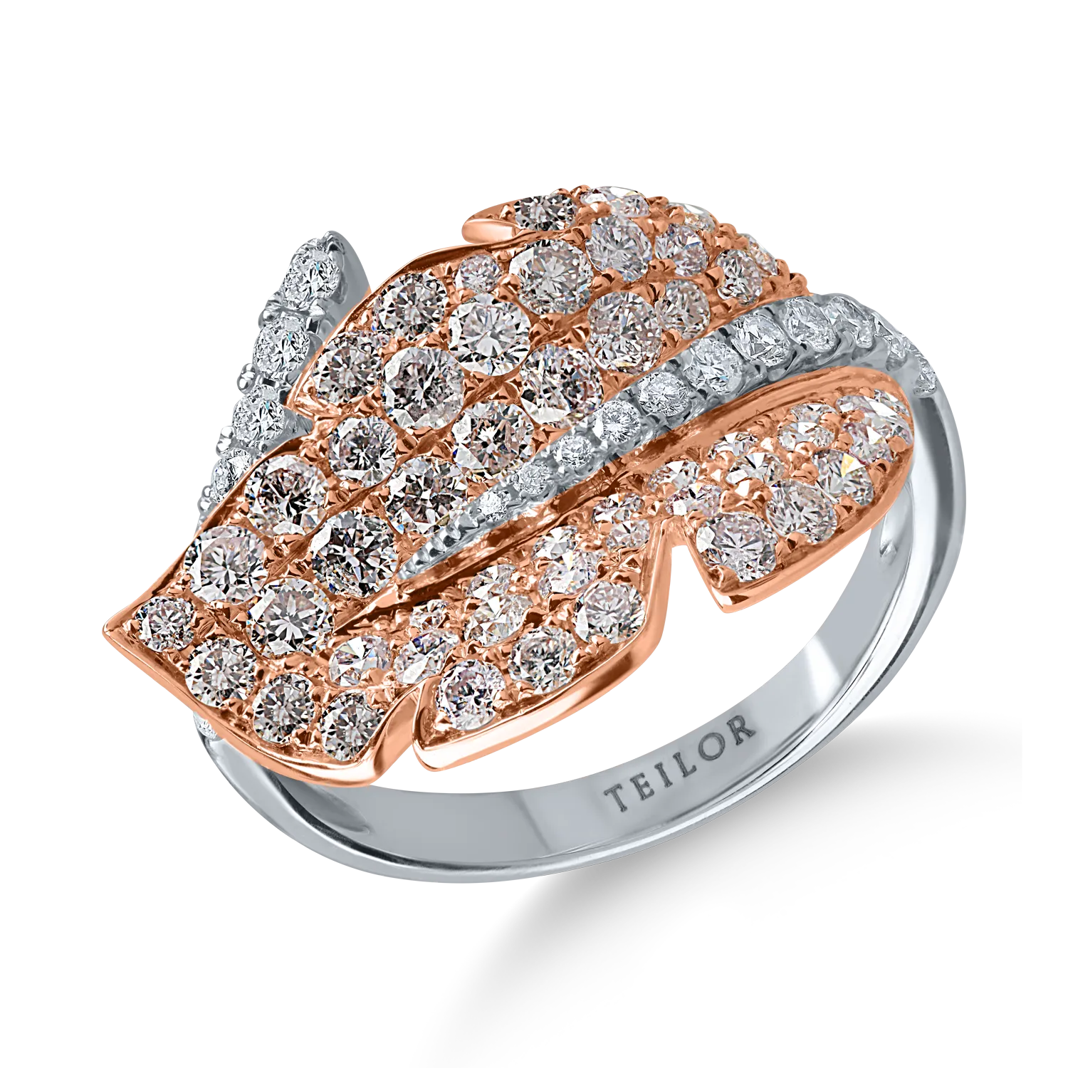 White-rose gold leaf ring with 1.69ct pink and clear diamonds