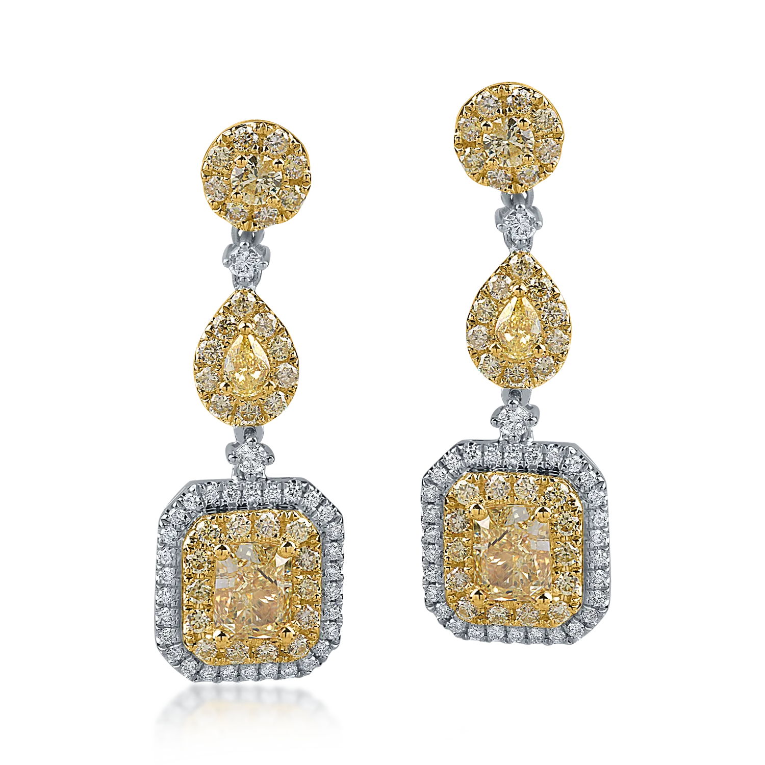 White-yellow gold long earrings with 2.5ct yellow and clear diamonds