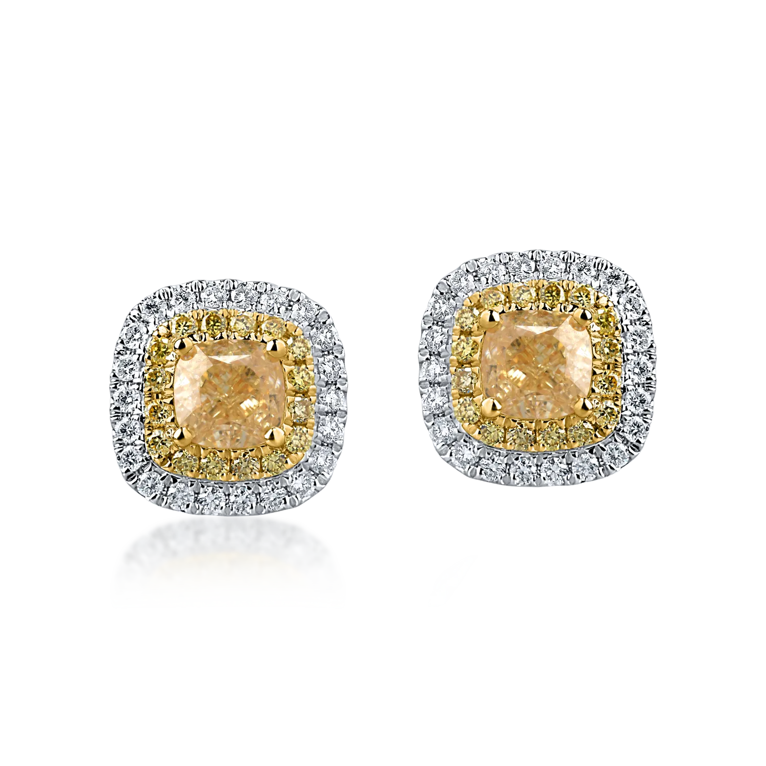 Cercei din aur alb-galben cu diamante galbene cushion si round si diamante incolore de 1.3ct-182998