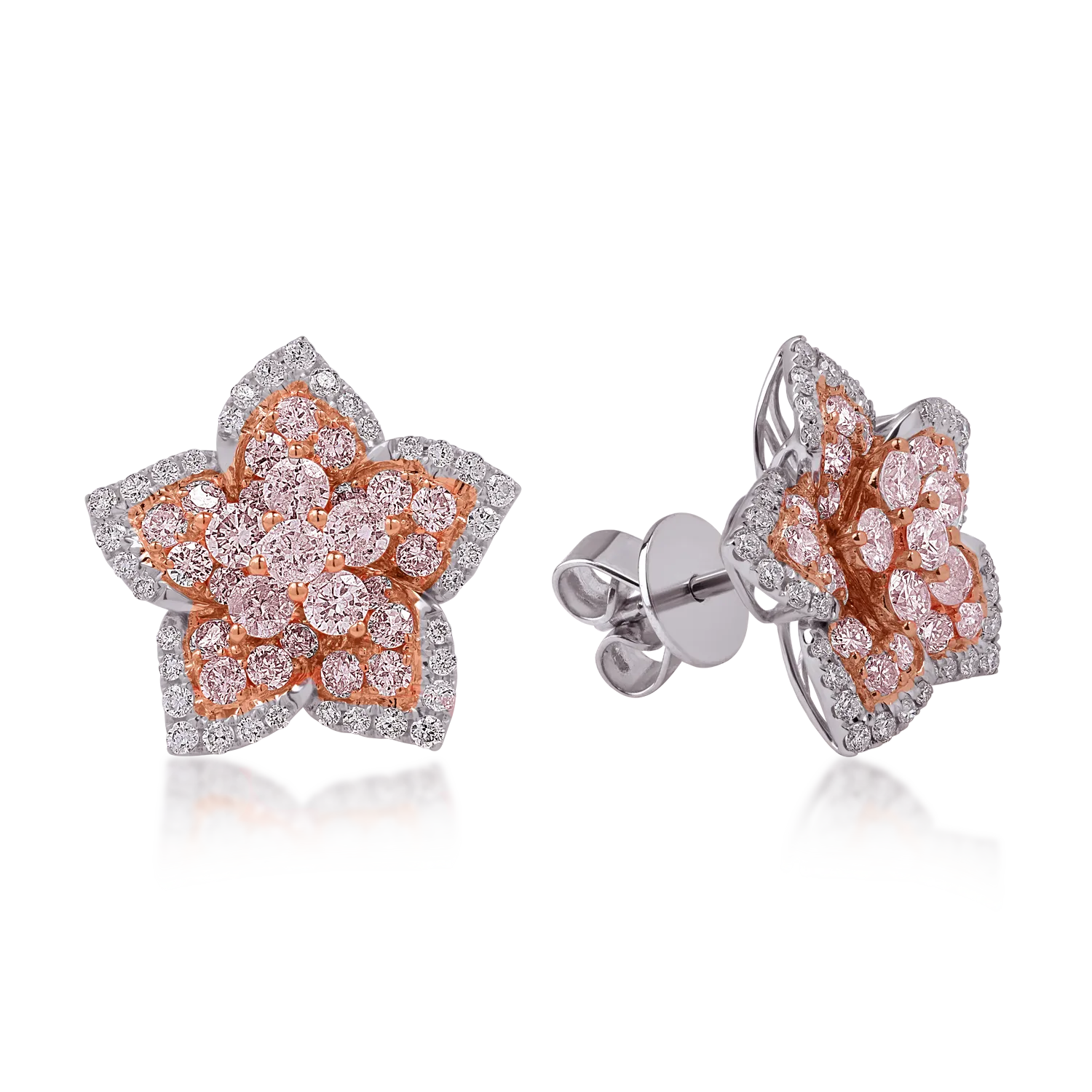 White-rose gold flower earrings with 1.85 ct pink and clear diamonds