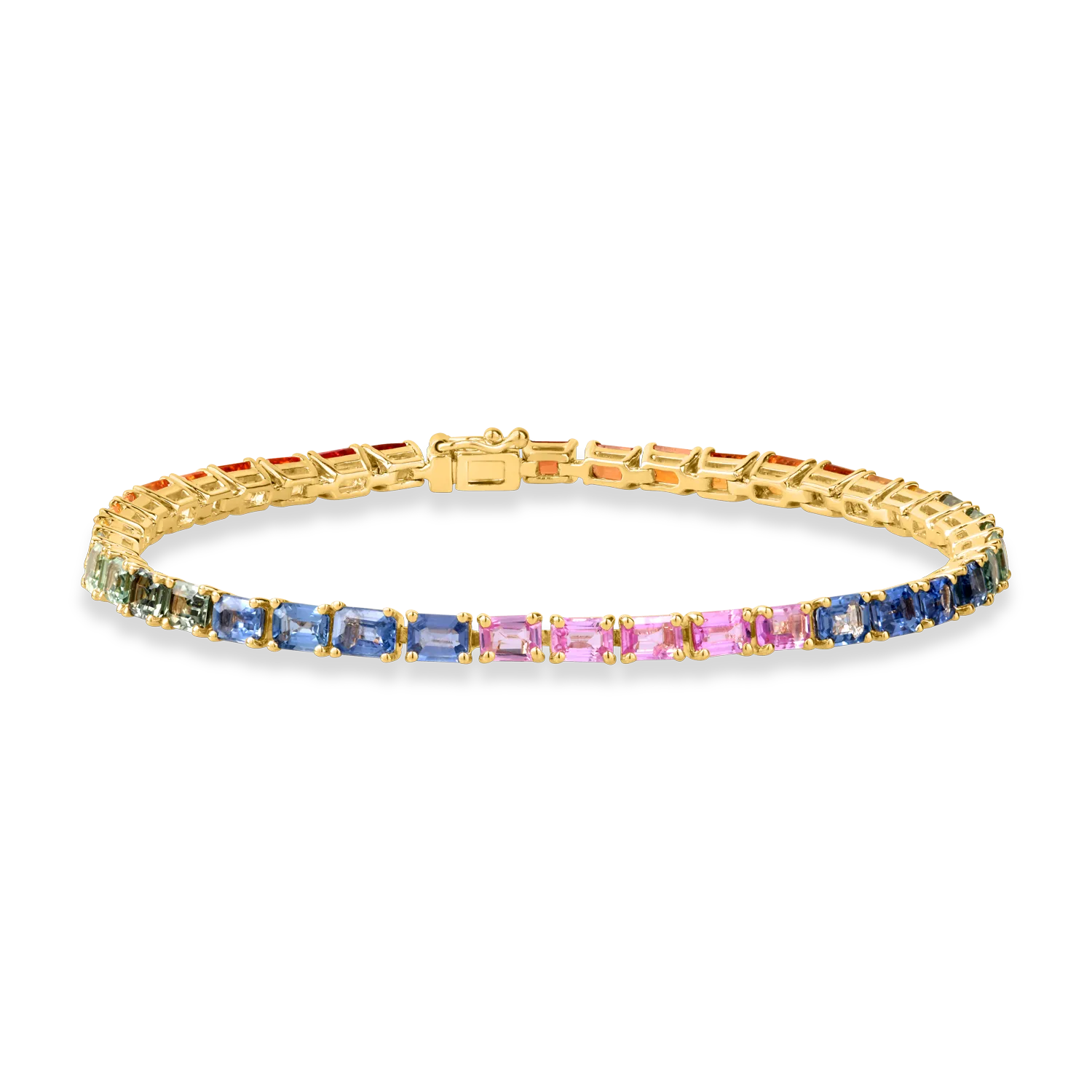 Yellow gold tennis bracelet with 10.49 ct multicolored sapphires