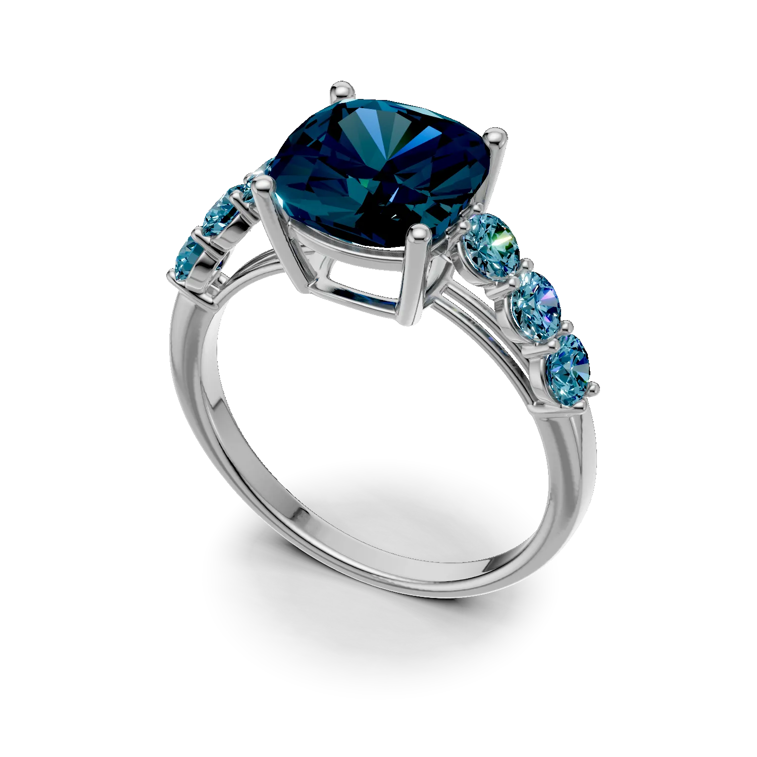 Inel geometric din aur alb cu topaze London blue cushion si rotunde de 4.2ct