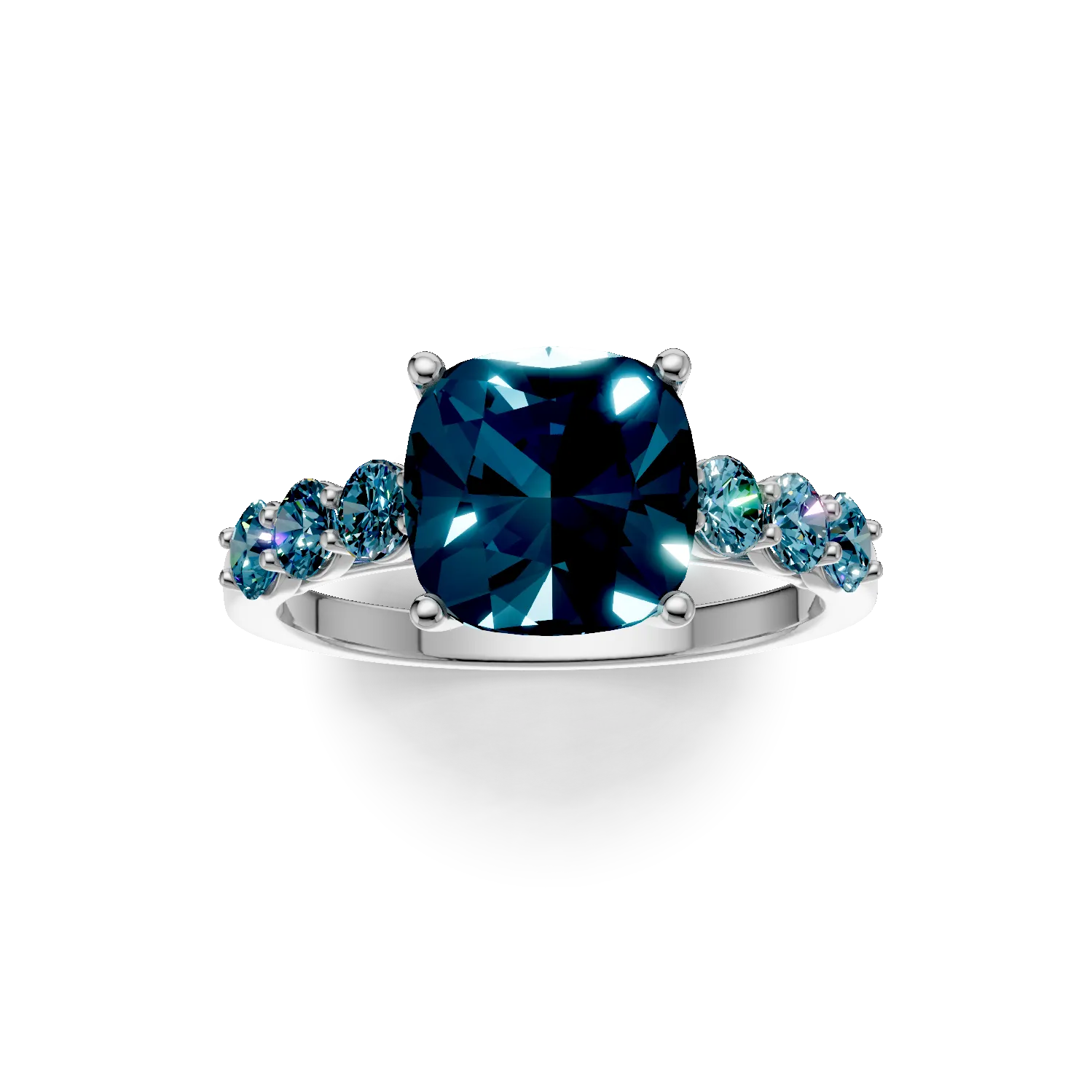 Inel geometric din aur alb cu topaze London blue cushion si rotunde de 4.2ct