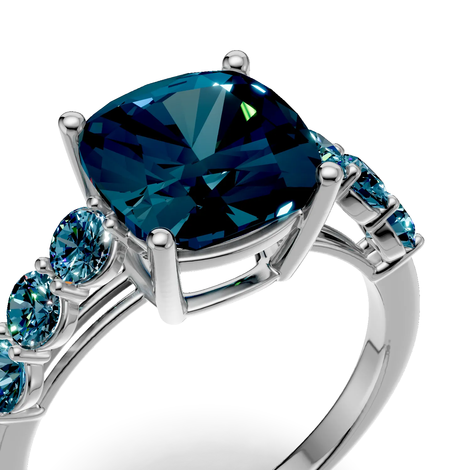 Inel geometric din aur alb cu topaze London blue cushion si rotunde de 4.2ct
