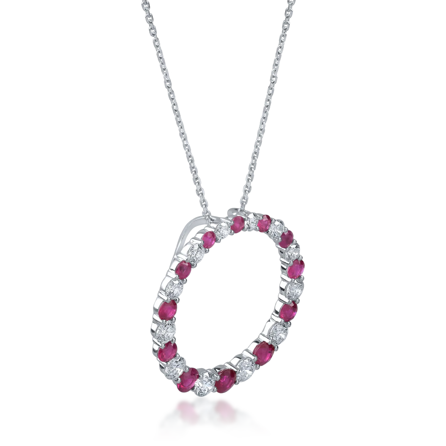 White gold chain with geometric pendant with 1.67ct rubies and 1.33ct diamonds