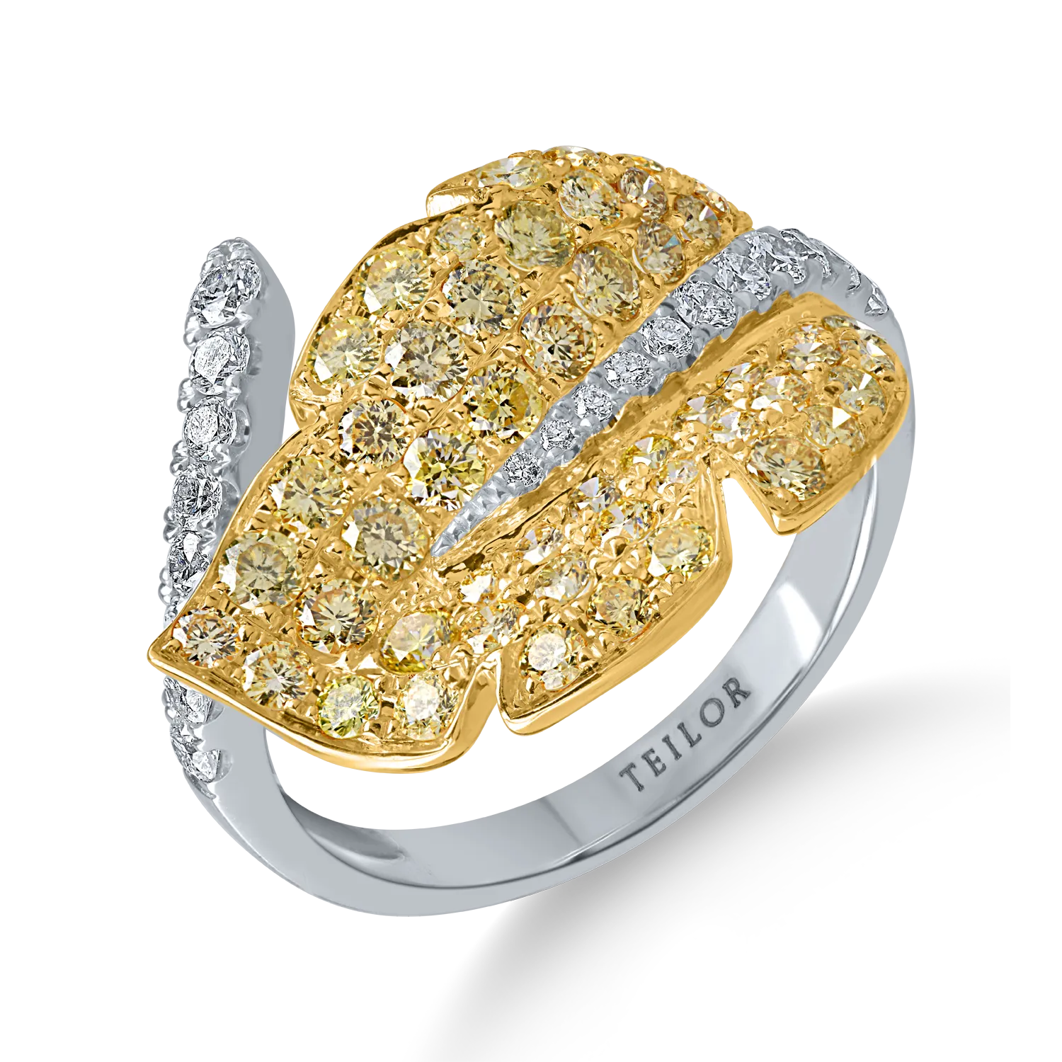 Yellow-white gold leaf ring with 1.56 ct yellow and clear diamonds