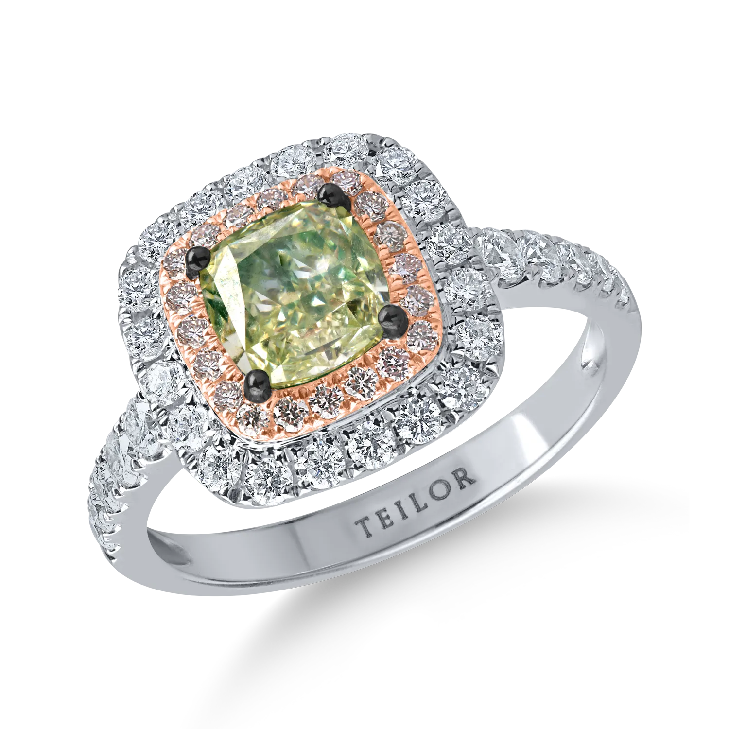 Teilor Inel din aur alb-roz cu un diamant verde cushion de 1.5ct si diamante incolore de 0.7ct