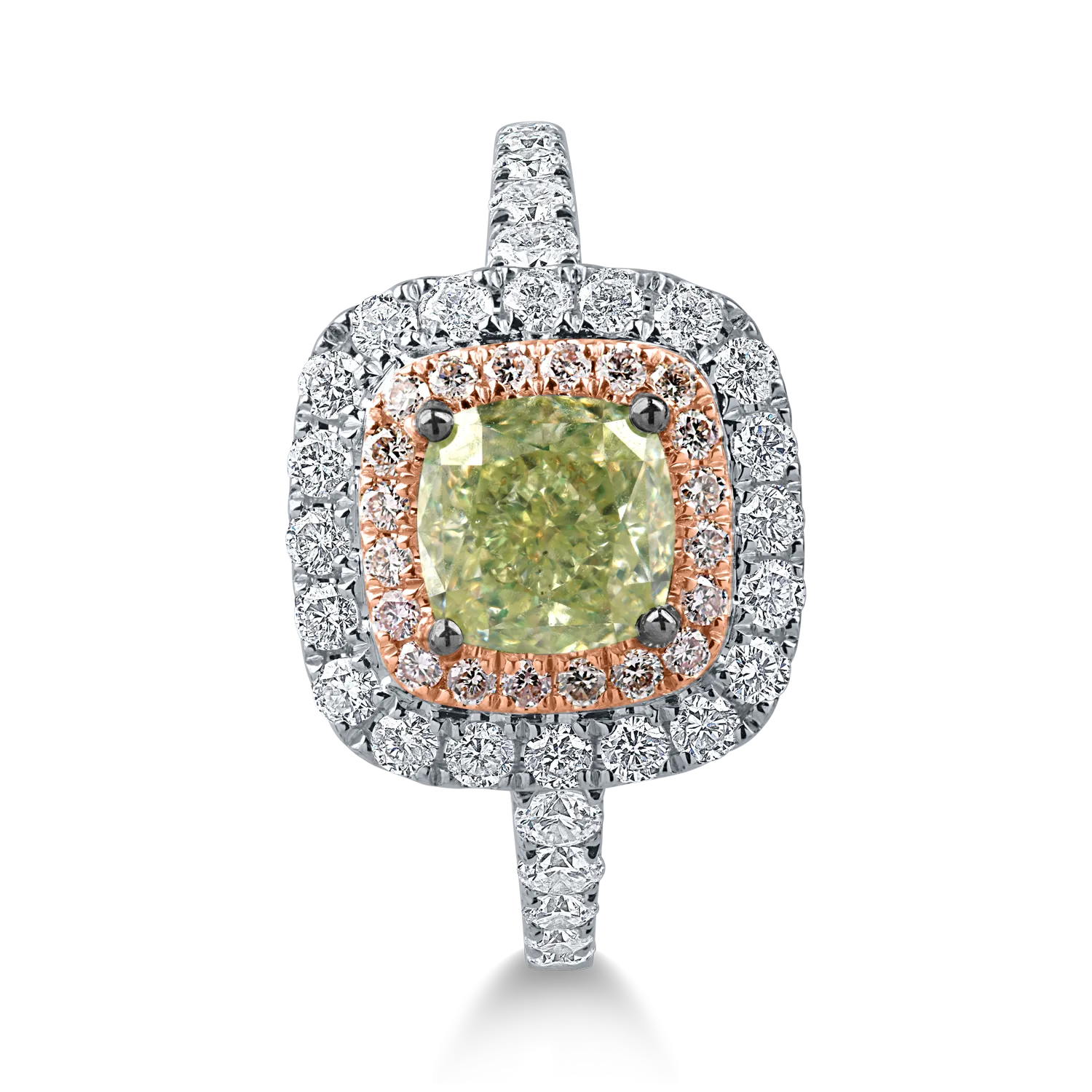Fehér rózsa arany gyűrű 1.5ct zöld gyémánttal és 0.7ct tiszta gyémánttal