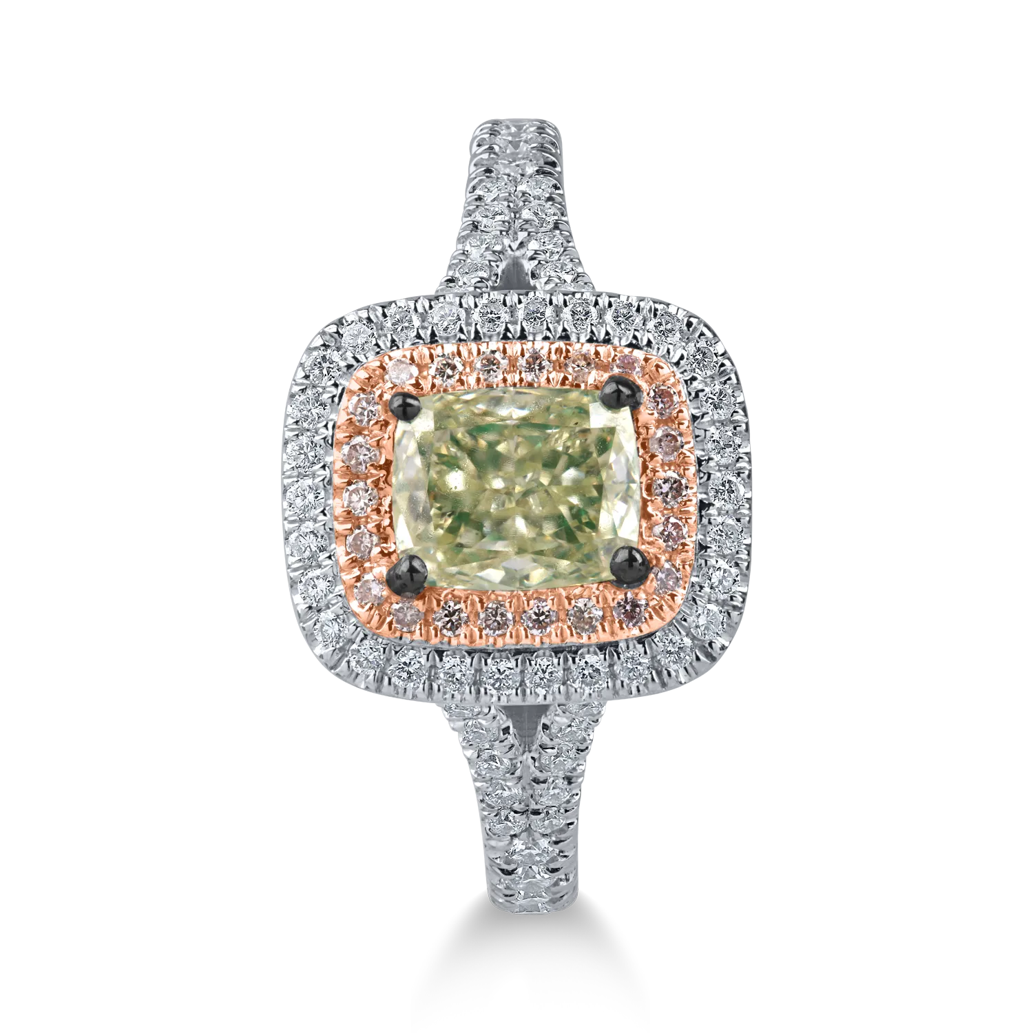 Inel din aur alb-roz cu un diamant verde de 1ct si diamante incolore de 0.4ct