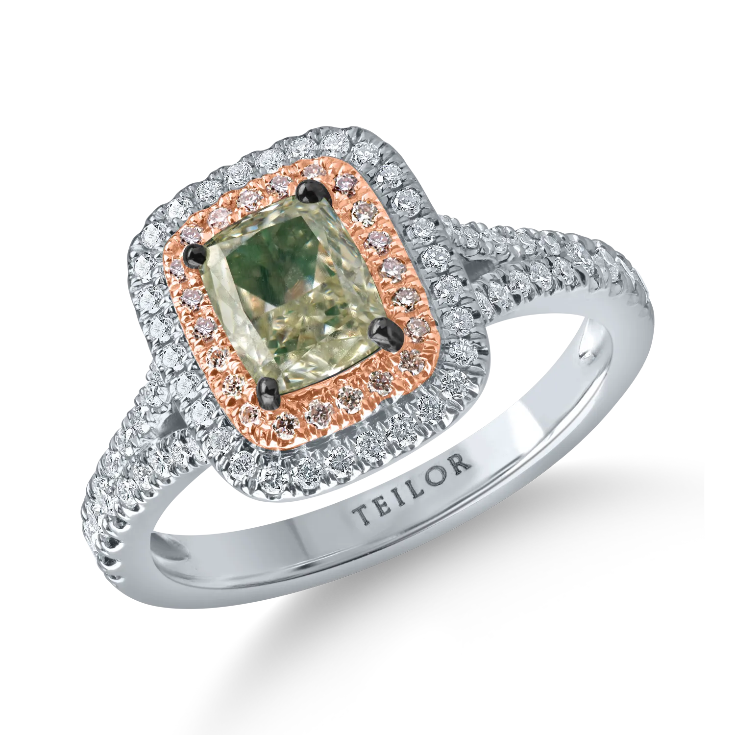 Teilor Inel din aur alb-roz cu un diamant verde rectangular de 1ct si diamante incolore de 0.4ct