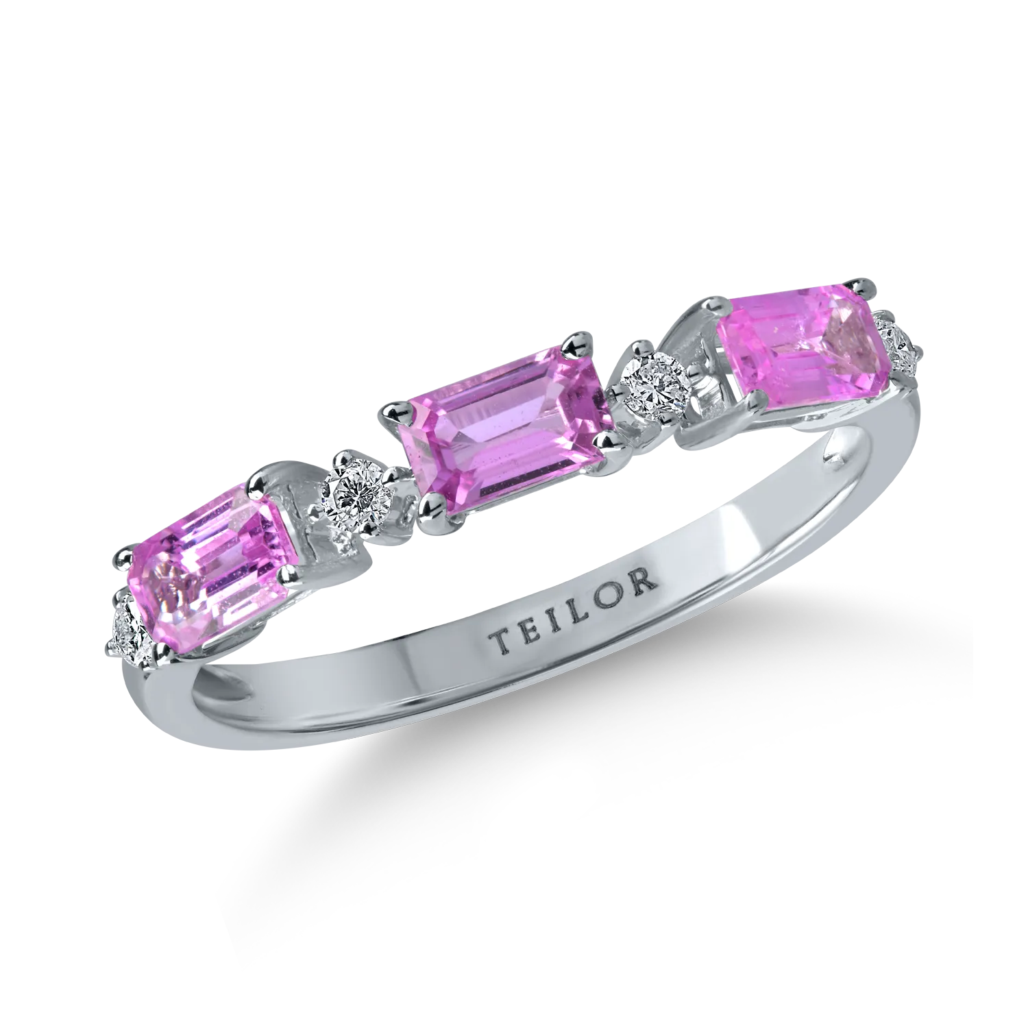 White gold minimalist ring with 0.8ct pink sapphires and 0.09ct diamonds