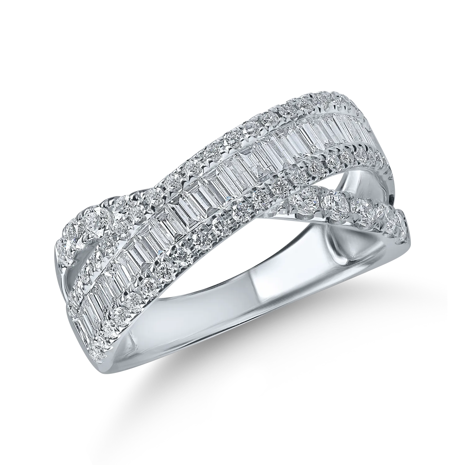 Inel impletit din aur alb cu diamante baguette si rotunde de 1.2ct