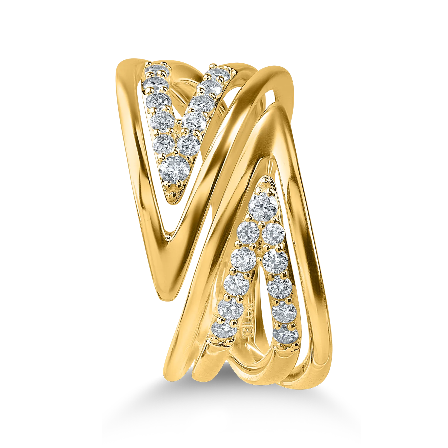 Geometryczny pierścionek z żółtego złota z diamentami o masie 0.36ct