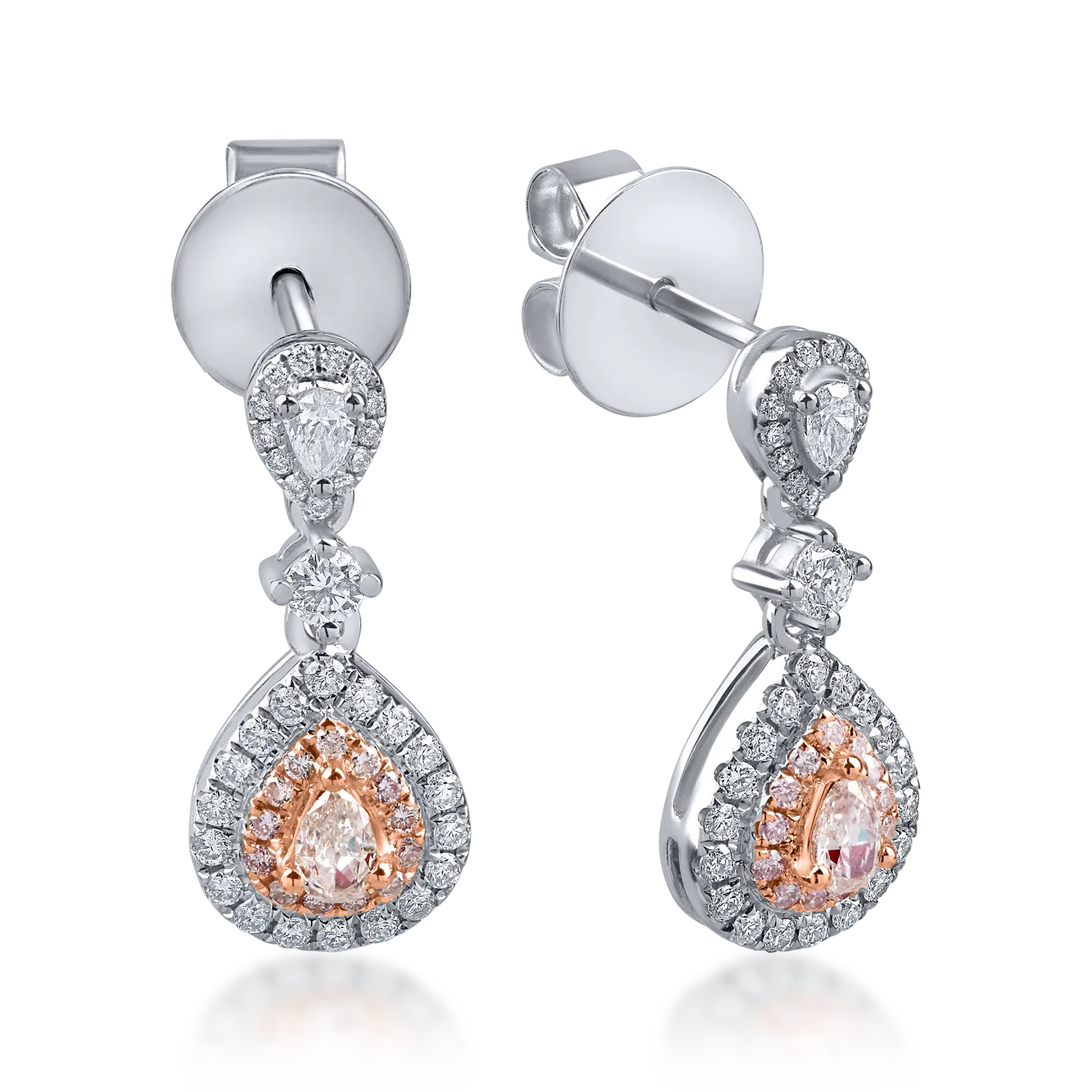 White-rose gold earrings with 0.9 ct pink and clear diamonds