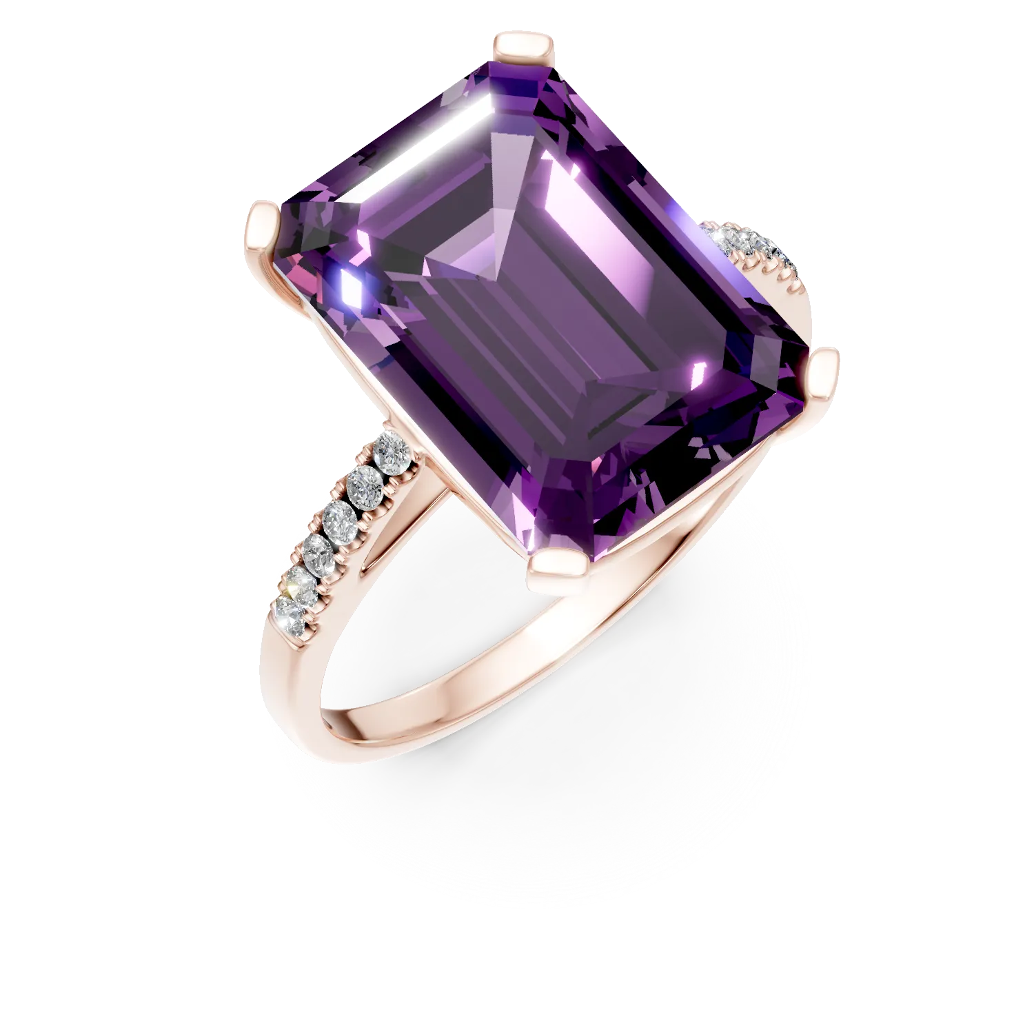 Inel din aur roz cu ametist octogonal de 7.1ct si diamante de 0.1ct