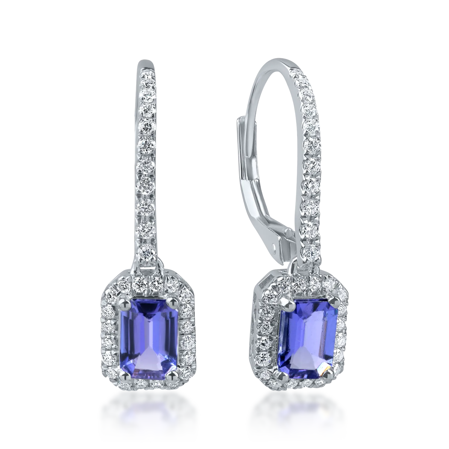 Cercei geometrici din aur alb cu tanzanite de 1ct si diamante de 0.3ct