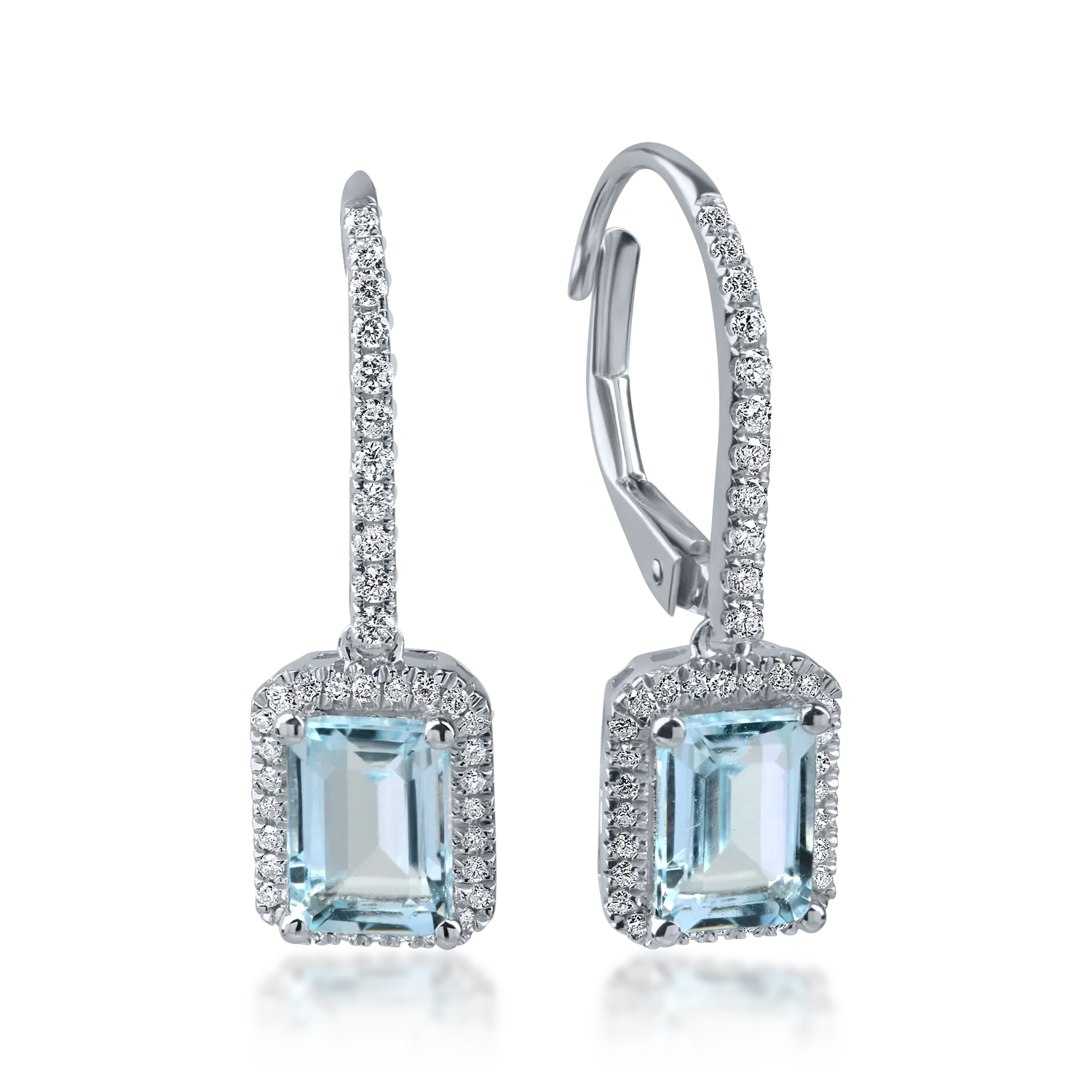 Cercei geometrici din aur alb cu acvamarine de 1.9ct si diamante de 0.3ct