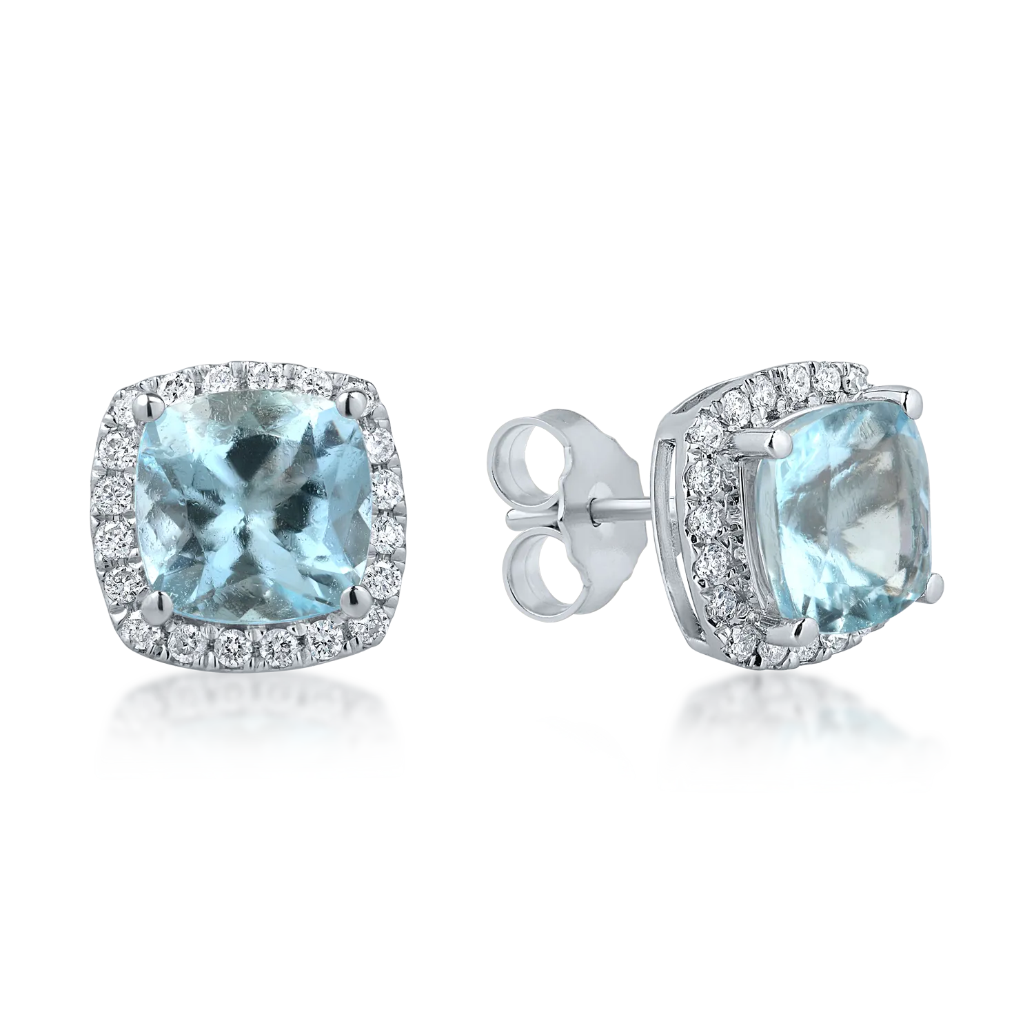 Cercei patrati din aur alb cu acvamarine de 2.3ct si diamante de 0.2ct