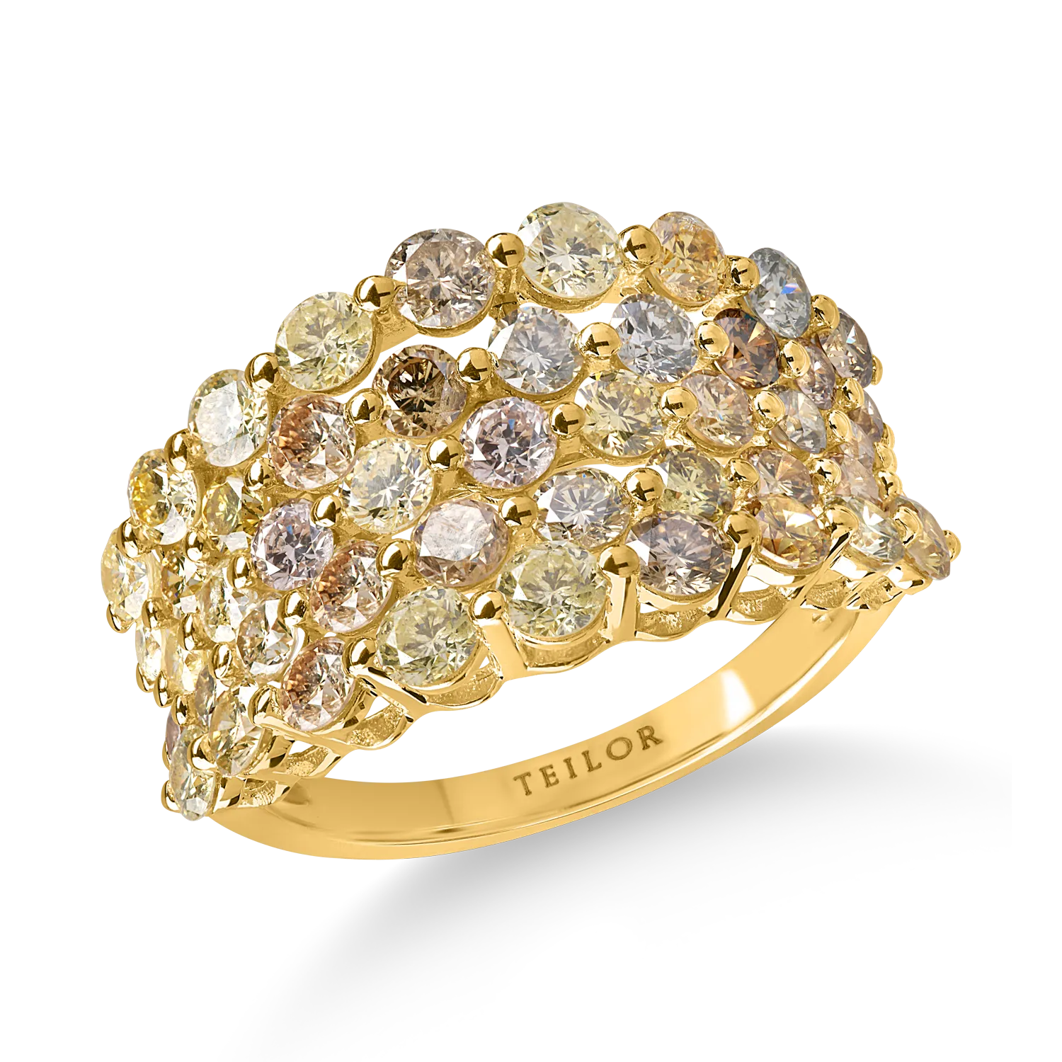 Yellow gold ring with 3.1ct multicolored diamonds