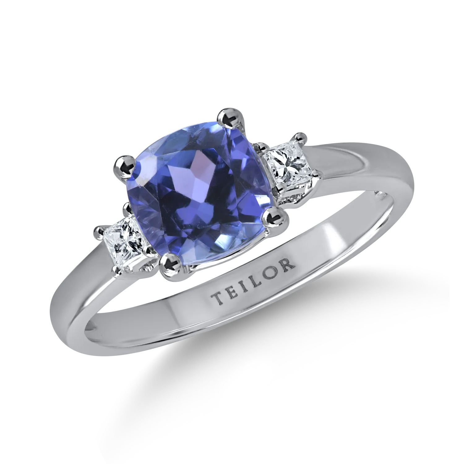 Inel geometric din aur alb cu tanzanit cushion de 1.6ct si diamante de 0.1ct