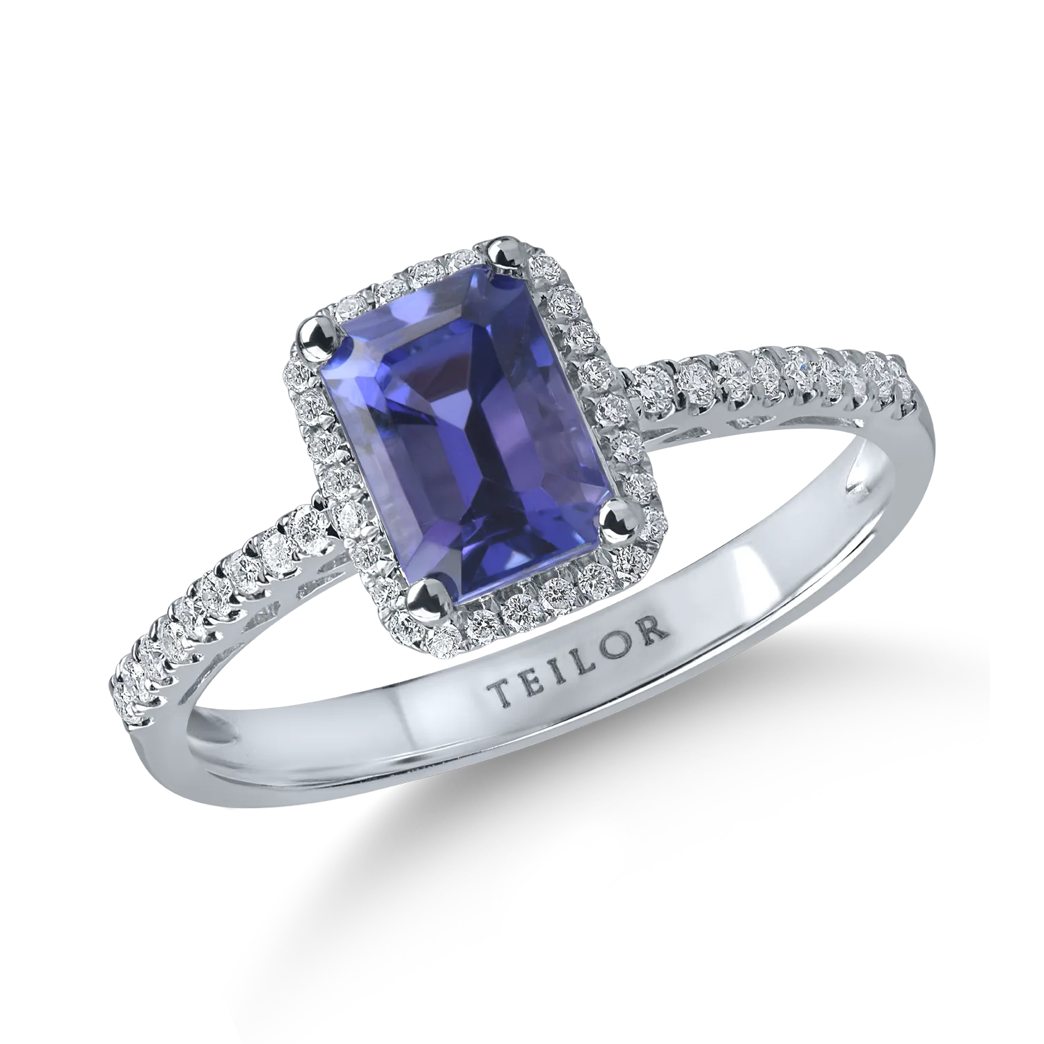 Inel geometric din aur alb cu tanzanit rectangular de 0.9ct si diamante de 0.1ct