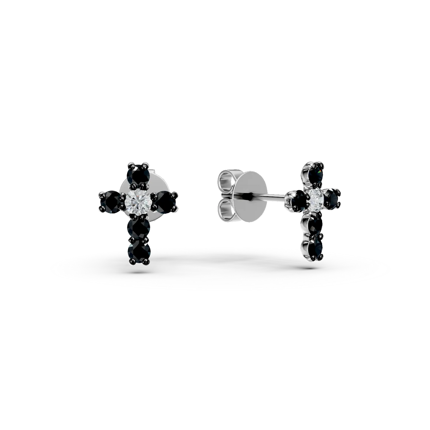 Cercei cruciulite din aur alb cu diamante negre si incolore de 0.1ct