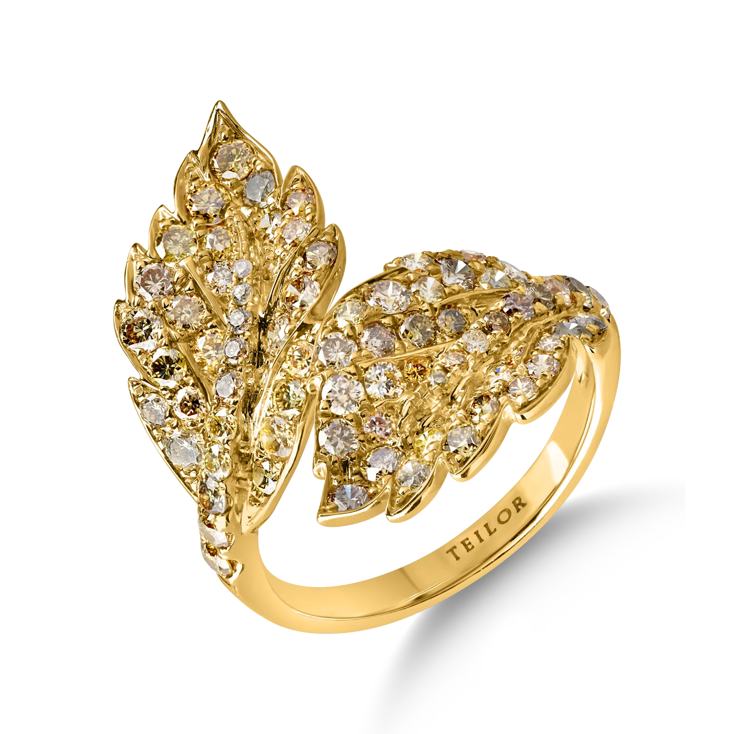 Yellow gold leaf ring with 1.6 ct multicolored diamonds