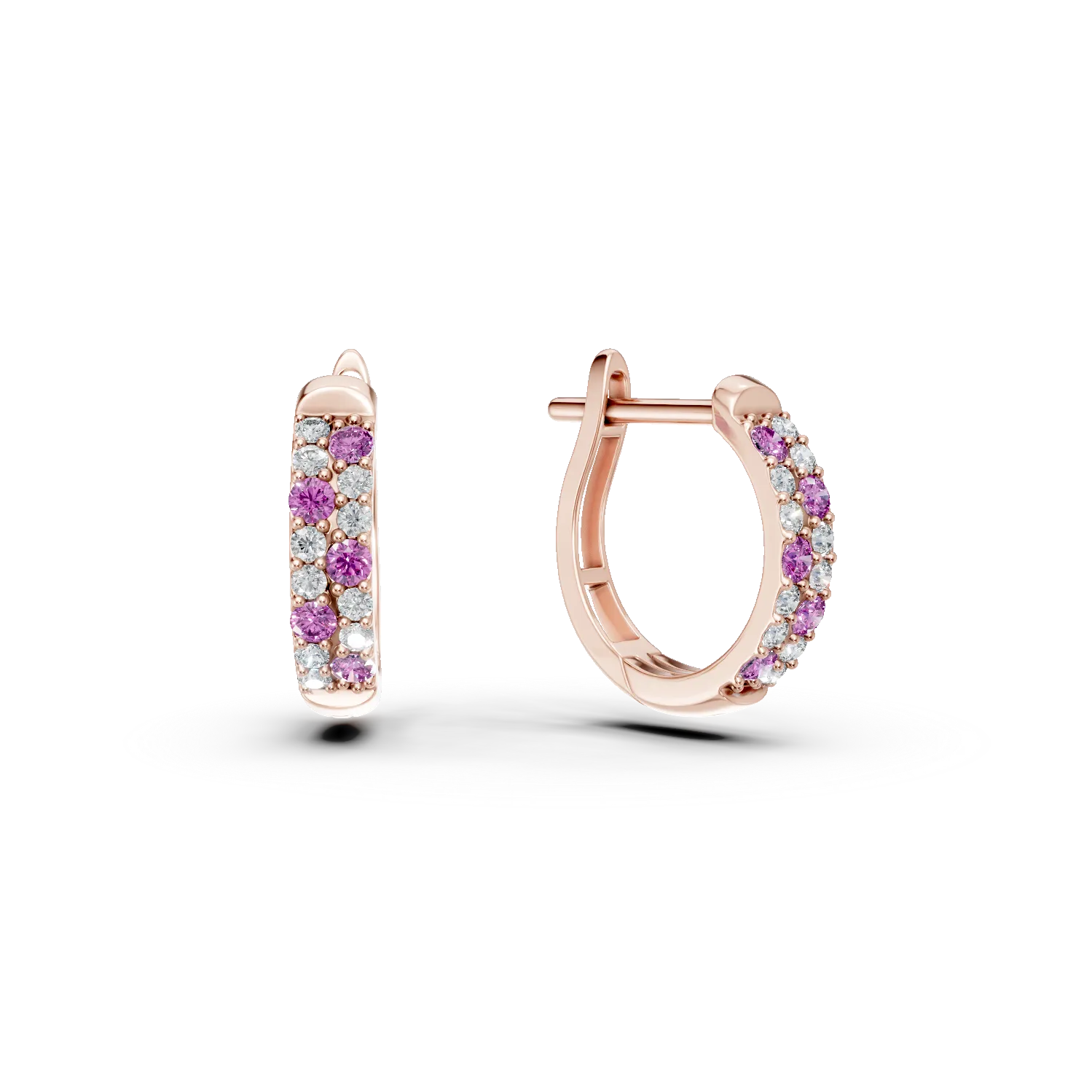 Róza arany karika fülbevaló 0.4ct gyémántokkal és zafírokkal