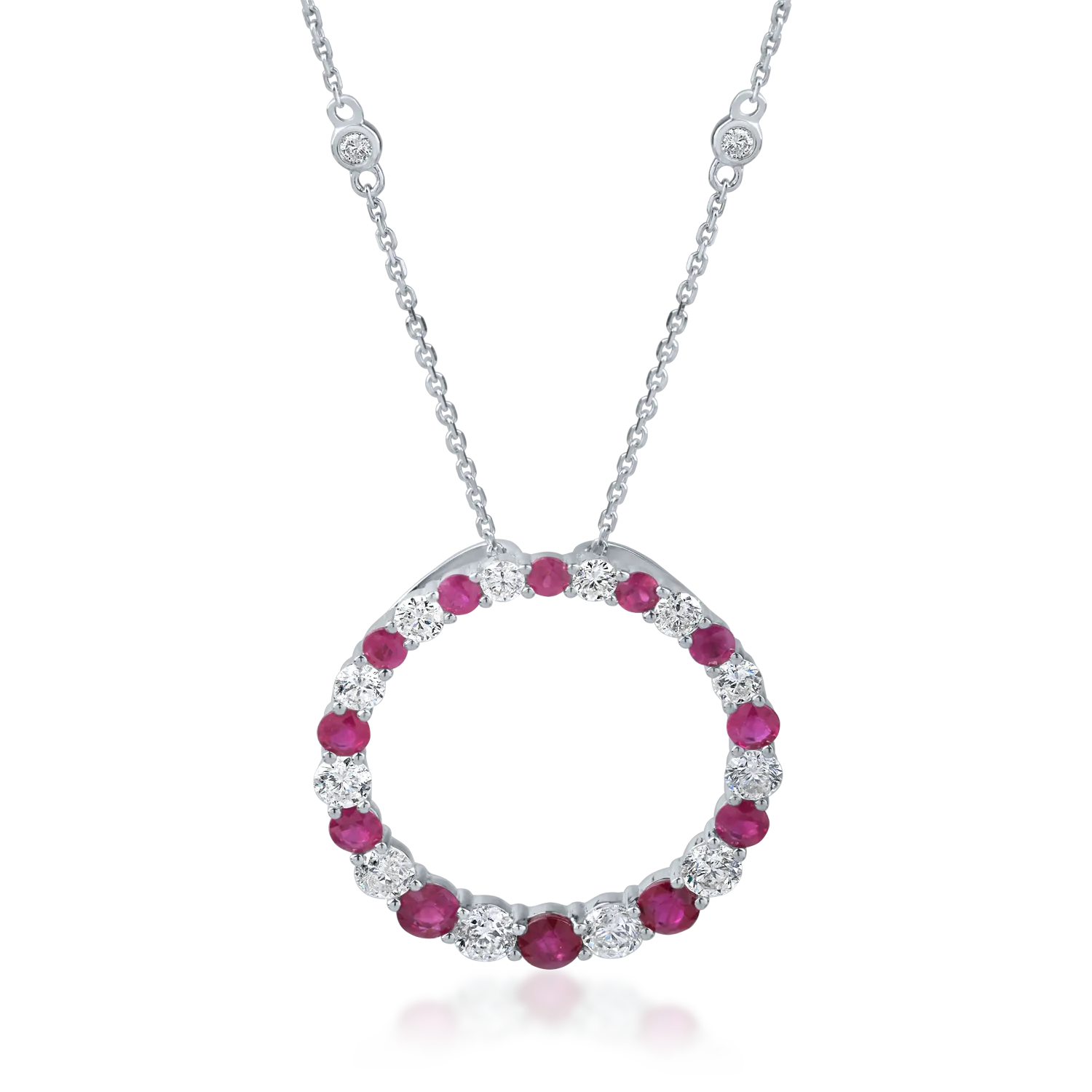 White gold chain with geometric pendant with 1.54ct rubies and 1.34ct diamonds