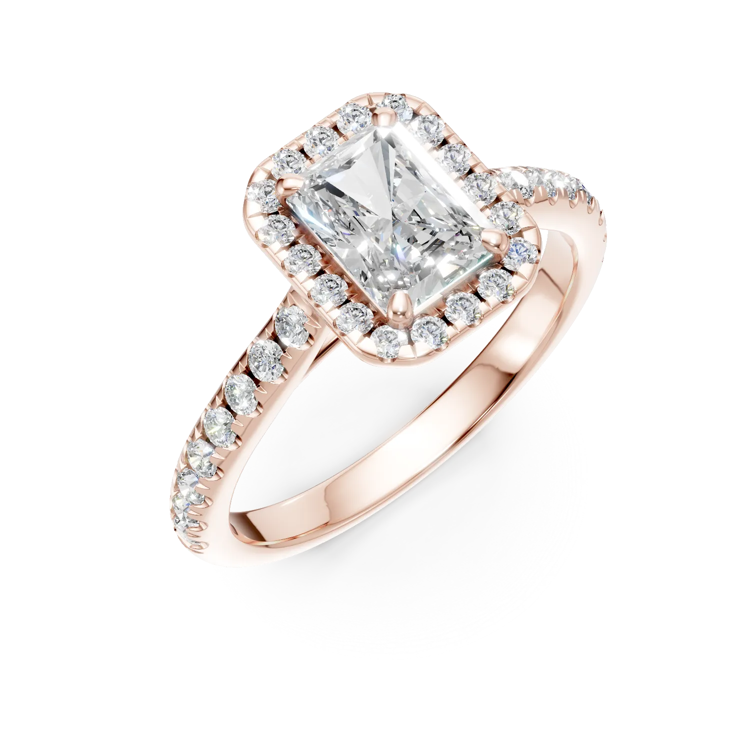 Inel de logodna din aur roz cu diamante radiant si rotunde de 1.4ct