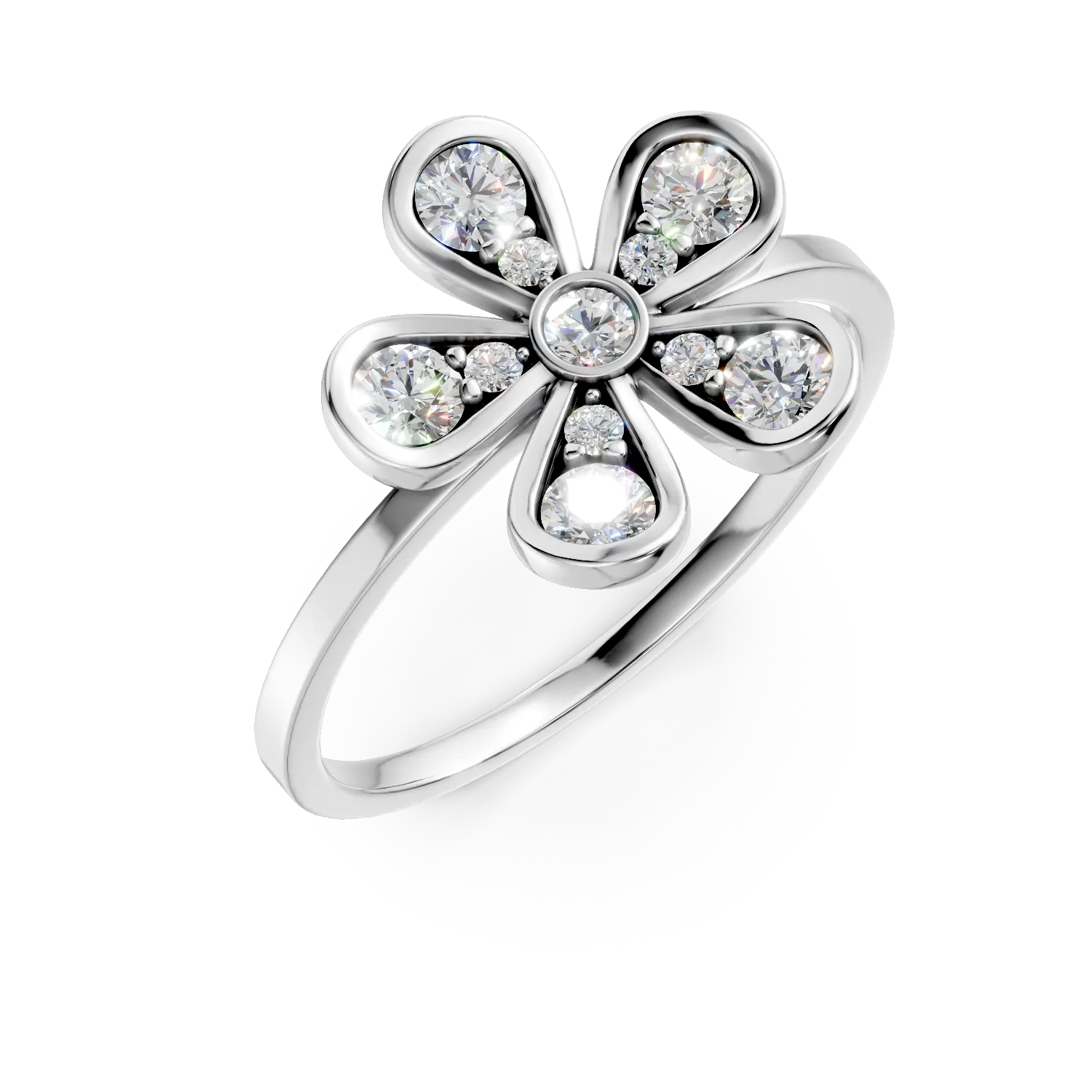 Inel floare din aur alb cu diamante de 0.2ct