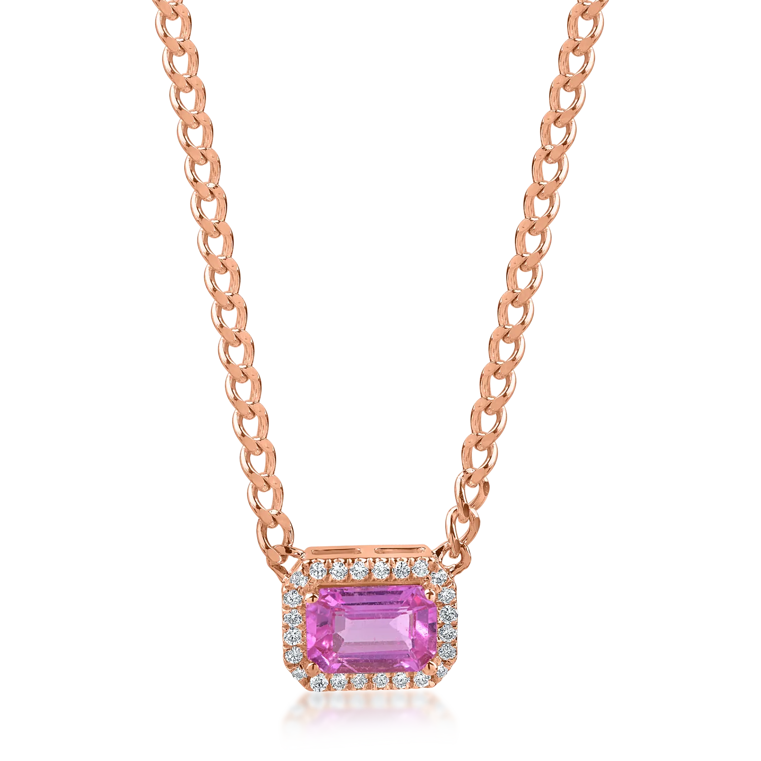 Lant cu pandantiv geometric din aur roz cu safir roz rectangular de 0.6ct si diamante de 0.06ct