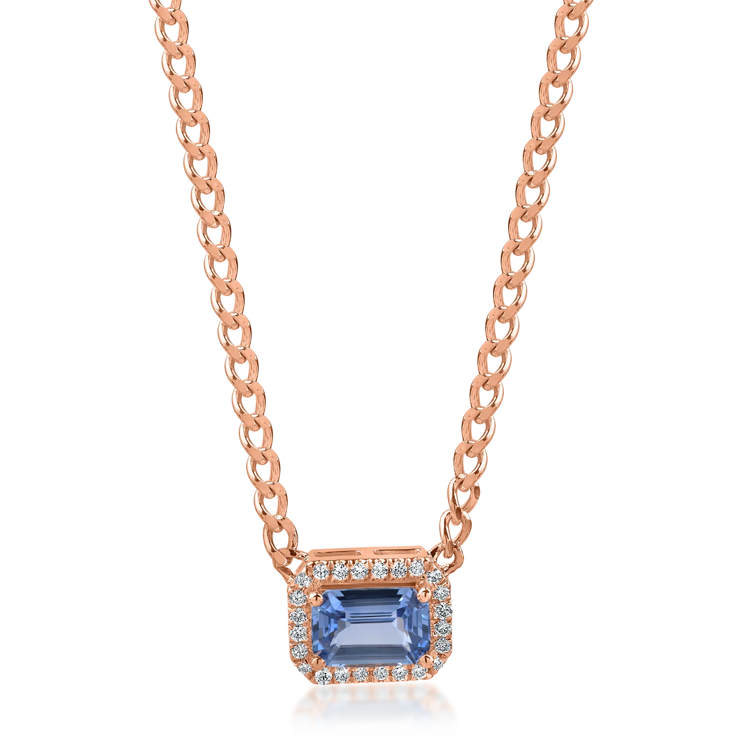 Rose gold geometric pendant necklace with 0.5ct light blue sapphire and 0.06ct diamonds