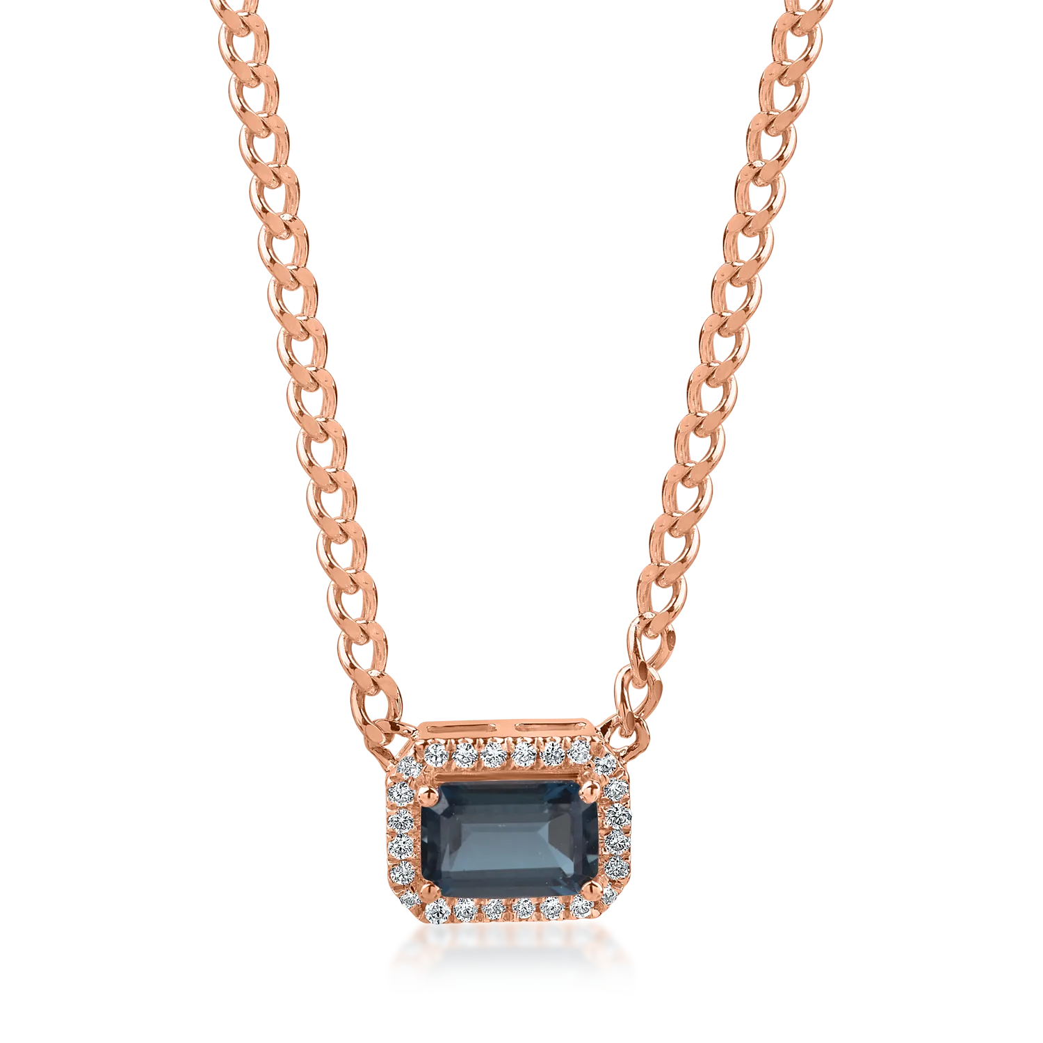 Rose gold geometric pendant necklace with 0.7ct london blue topaz and 0.06ct diamonds