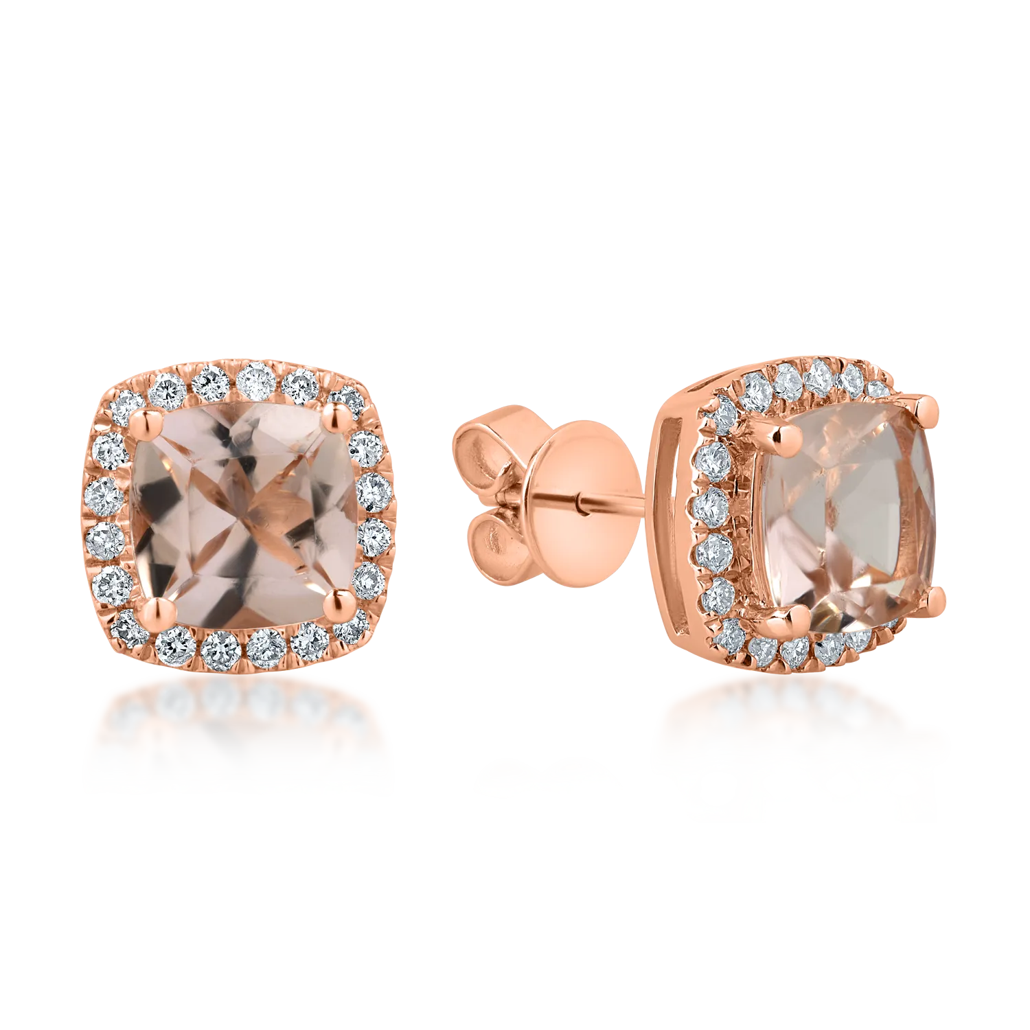 Cercei patrati din aur roz cu morganite de 1.6ct si diamante de 0.2ct