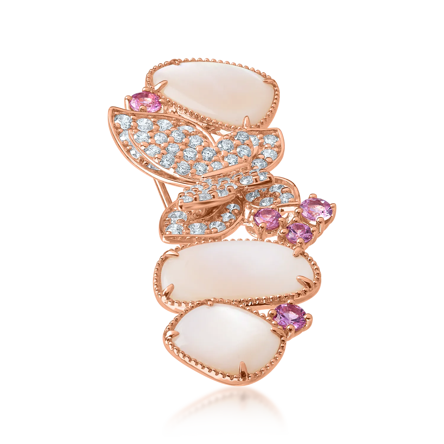 Rózsarany pillangós bross 5.4ct drágakövekkel és féldrágakövekkel