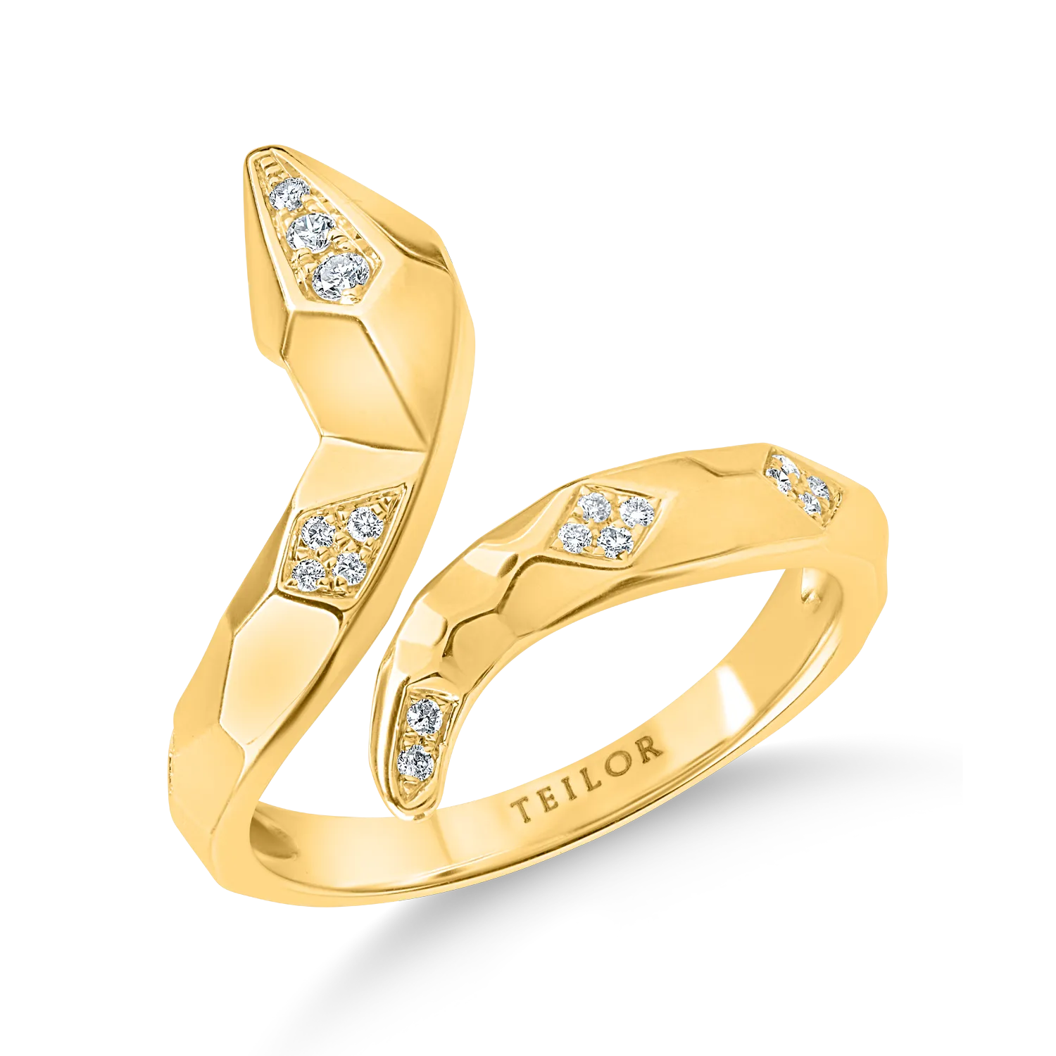 Yellow gold snake ring with 0.1ct diamonds