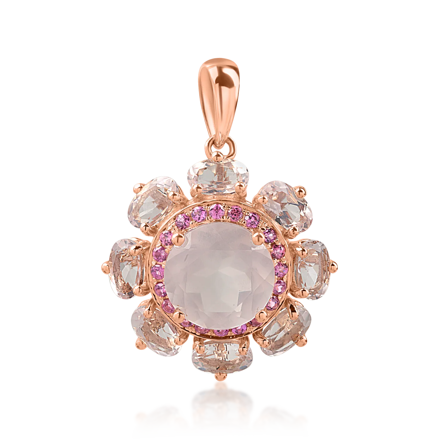 Rose gold flower pendant with 4.5ct rose quartz and 0.2ct rhodolites