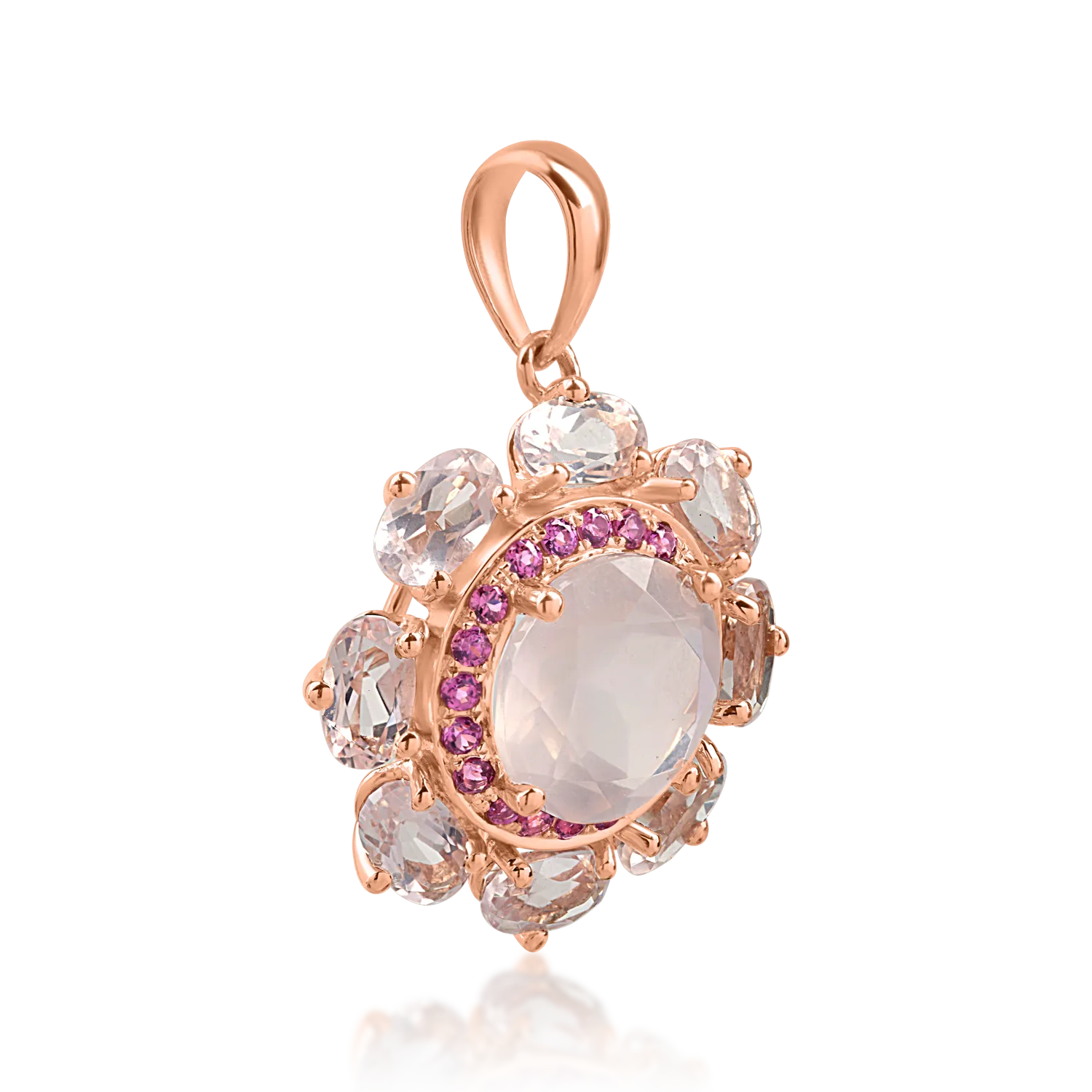 Rose gold flower pendant with 4.5ct rose quartz and 0.2ct rhodolites