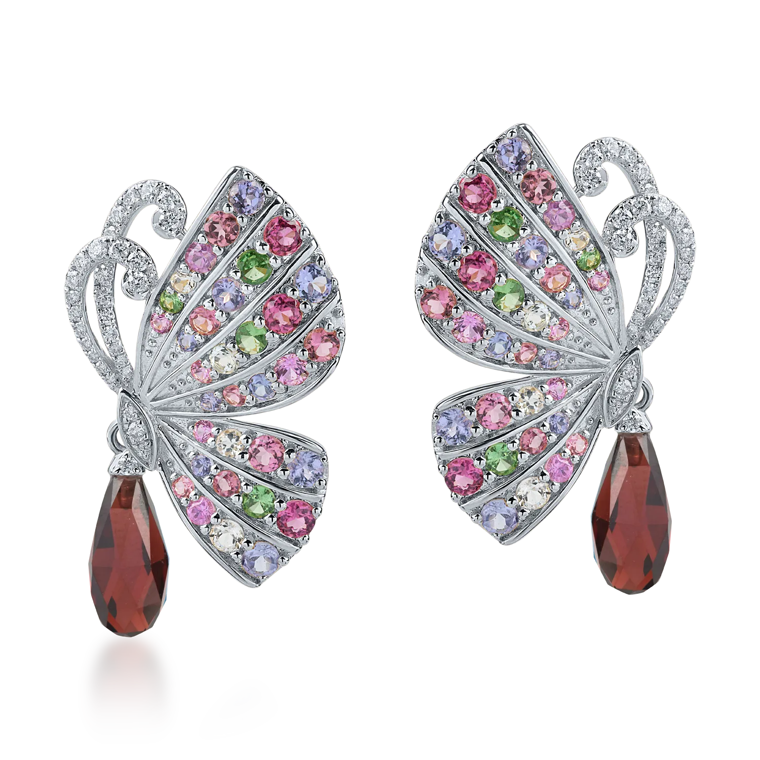 White gold butterflies earrings with 9.3ct precious and semi-precious stones