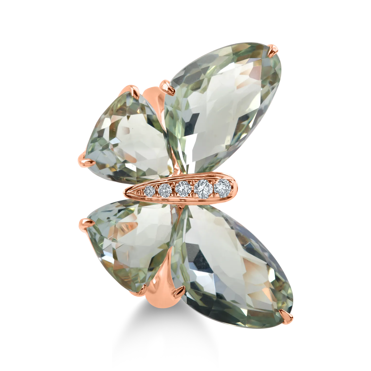 Pierścionek motyl z różowego złota z 11.6ct zielonymi ametystami i diamentami o masie 0.08ct