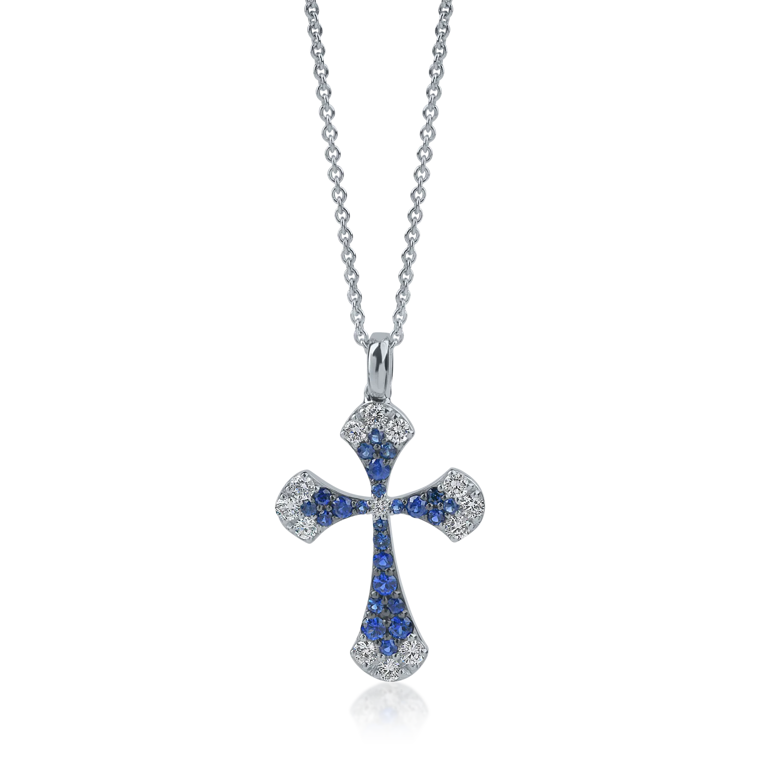 White gold cross pendant necklace with 0.94ct diamonds and sapphires