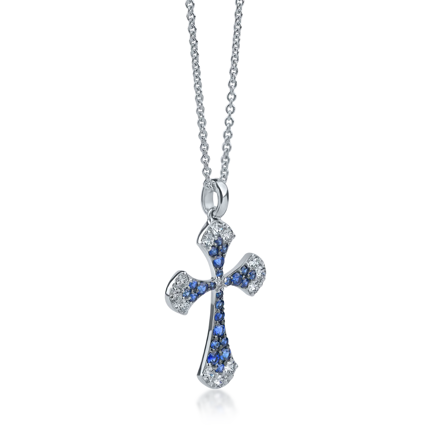 White gold cross pendant necklace with 0.94ct diamonds and sapphires