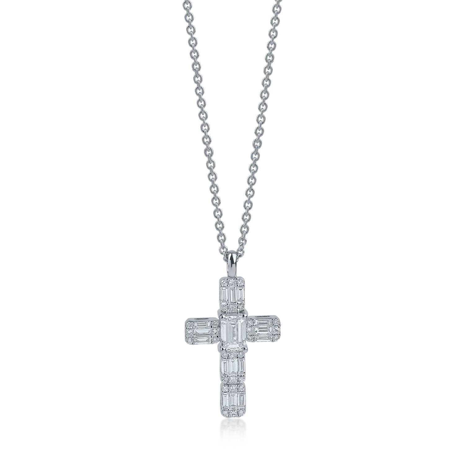 Teilor Lant cu pandantiv cruce din aur alb cu diamante baguette si rotunde de 1.1ct